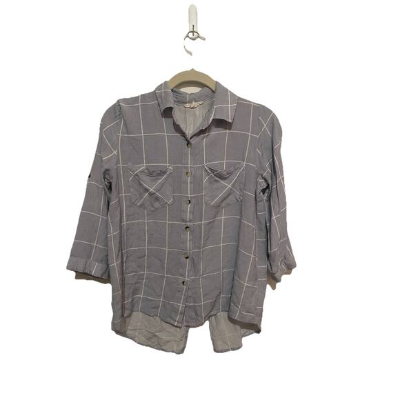 Sim & Sam Womens Blue Button Up High Low Hem Blouse Shirt Medium Roll Tab Sleeve - Picture 1 of 4